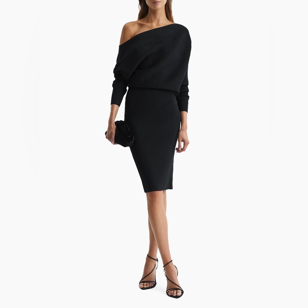 Reiss Lara Off Shoulder Ribbed Midi Dress Black Size S Bodycon